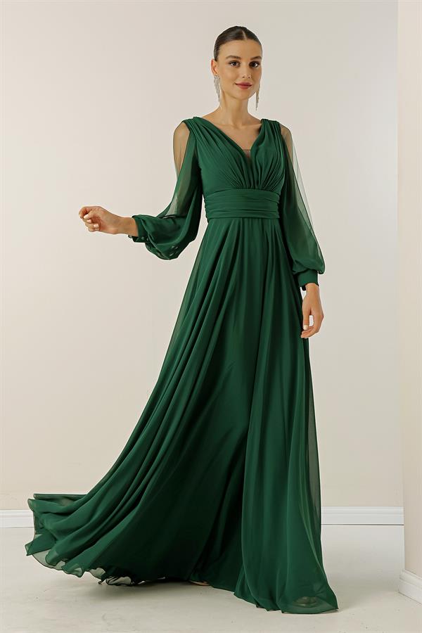 Front Back V Neck Draped Front Sleeves Tulle Lined Wide Body Long Chiffon Dress