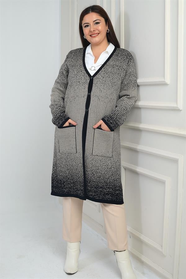 Kadın Karyağdı Kareli Cepli Büyük Beden Triko Uzun Hırka