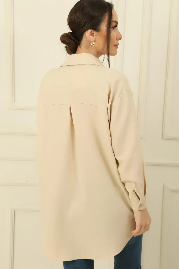 Yakası İnci Kolyeli Önü Düğmeli Gömlek Tunik