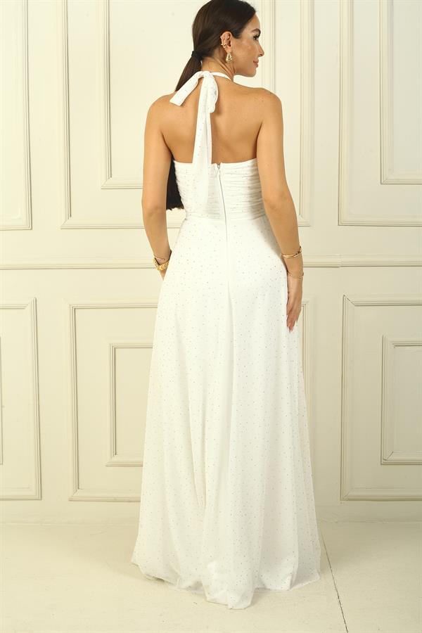 Kadın Boyundan Bağlamalı Taş Baskılı Astarlı Uzun Tül Elbise