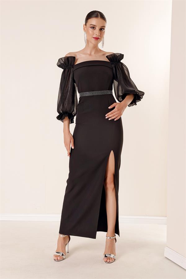 Square Neck, Organza Sleeves, Front Slit, Belted Waist Long Dress
