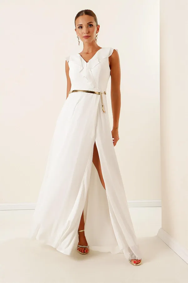 Chiffon Slit Long Dress with Flounce Collar and Belt