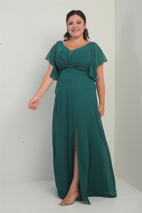 Robe en mousseline grande taille pour femme, décolleté en V devant et dos, manches à volants, ceinture doublée et poches.
