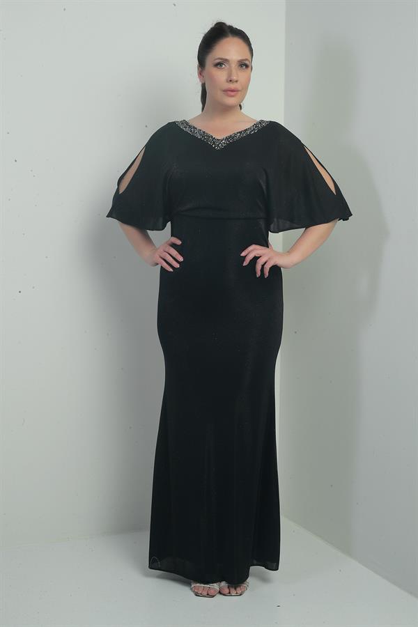 Robe longue pailletée grande taille pour femme, ornée de détails sur le devant et le dos, décolleté en V, doublée, manches chauve-souris et décolleté plongeant.