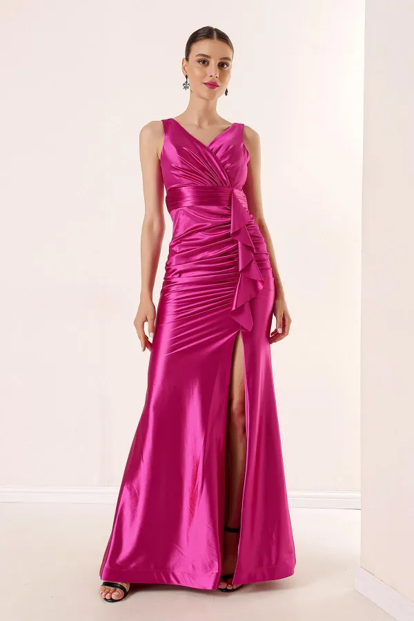 Draped, Flounced Front, Lined, Wide-Size, Long Satin Dress
