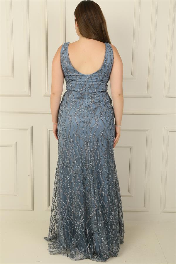 Kadın Ön Arka V Yaka Astarlı Boncuk Detaylı Büyük Beden Pulpayet Uzun Elbise