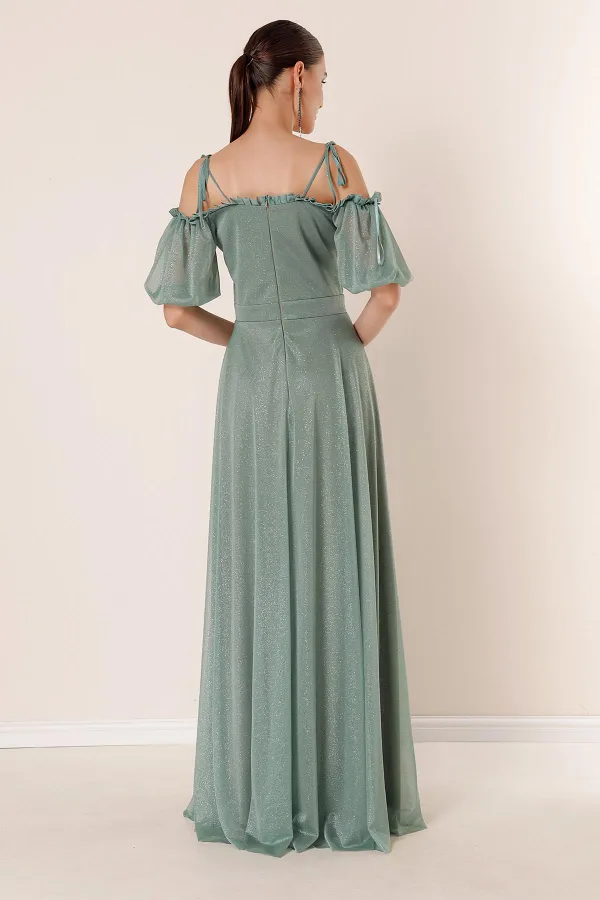 Yakası Piliseli Balon Kollu Astarlı Simli Uzun Elbise