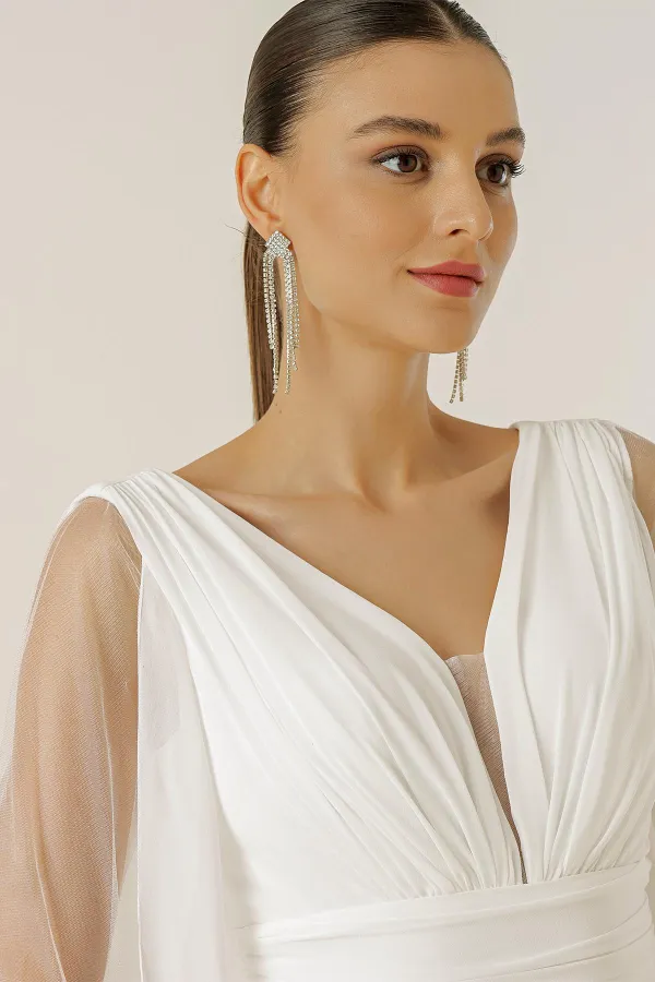 Front Back V Neck Draped Front Sleeves Tulle Lined Wide Body Long Chiffon Dress