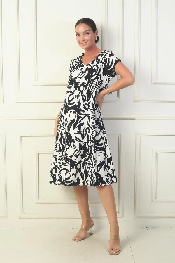 Kadın V Yaka Soyut Desenli Viskon Elbise