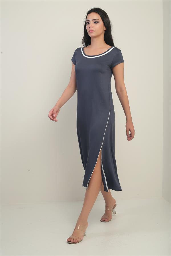 Women's Madonna Neckline Trimmed Slit Crystal Long Dress