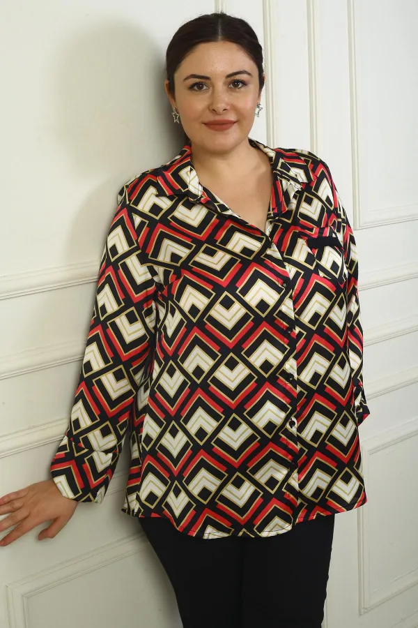 Women's Single Pocket Geometric Pattern Plus Size Satin Shirt