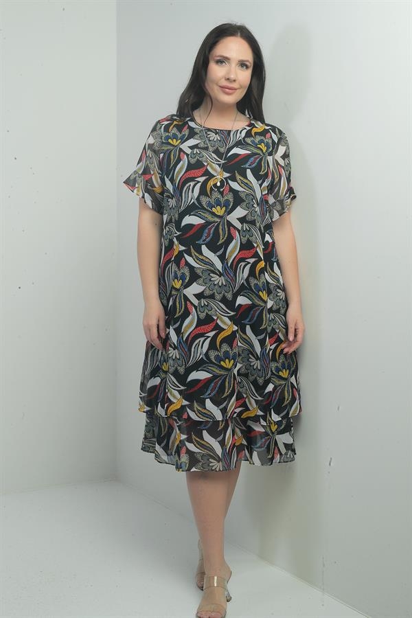 Kadın  Kolları Fırfırlı Yaprak Desenli Kolyeli Çift Katlı Büyük Beden Şifon Midi Elbise