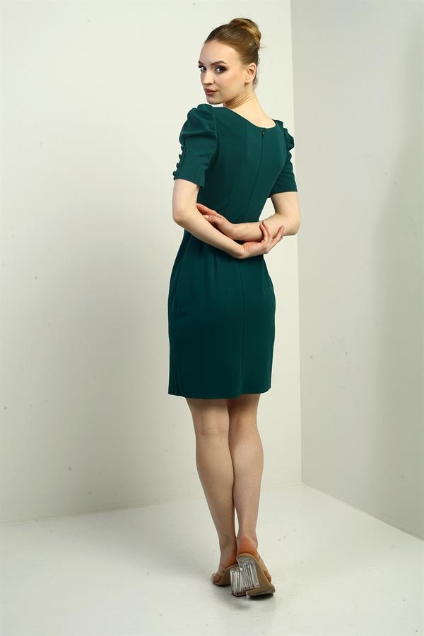 Women's Boat Neck Buttoned Sleeve Pleated Back Zippered Dress