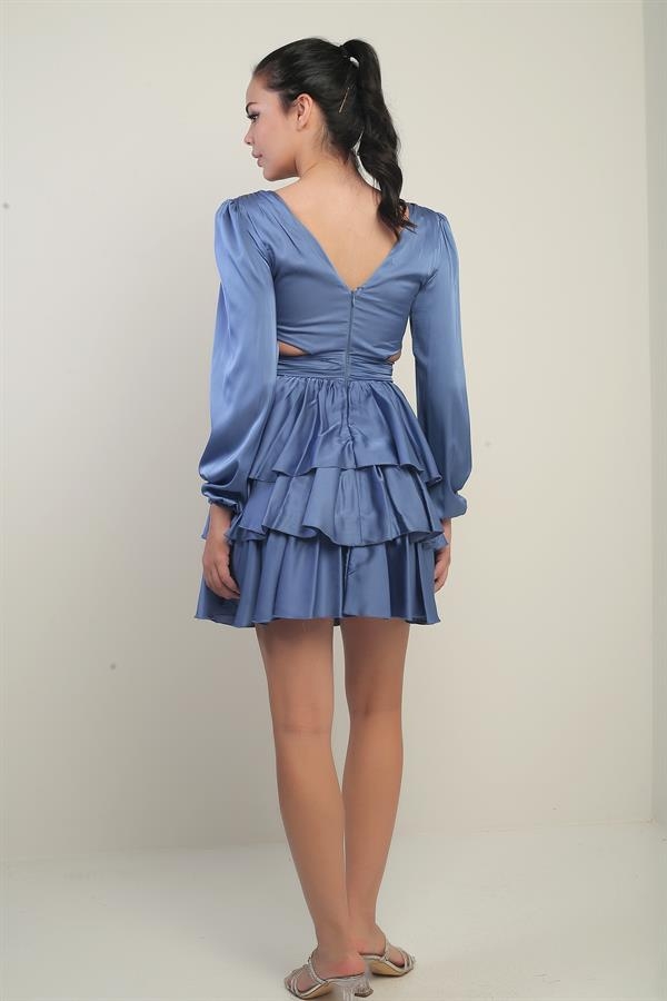 Kadın Ön Arka V Yaka Bel Dekolteli Astarlı Kat Kat Saten Kısa Elbise