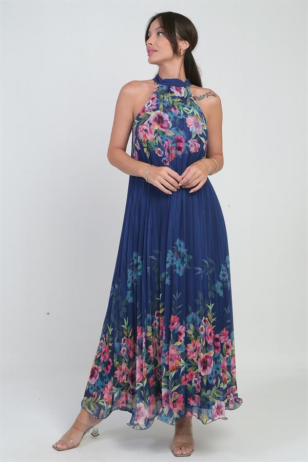 Kadın Çiçek Desenli Astarlı Plisoley Şifon Uzun Elbise