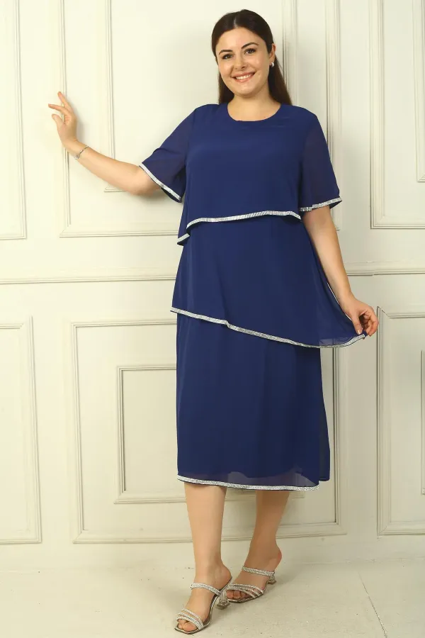 Women's Plus Size Dress with Stone Embellishments, Lined, Short Sleeves, and Three Layers of Chiffon.