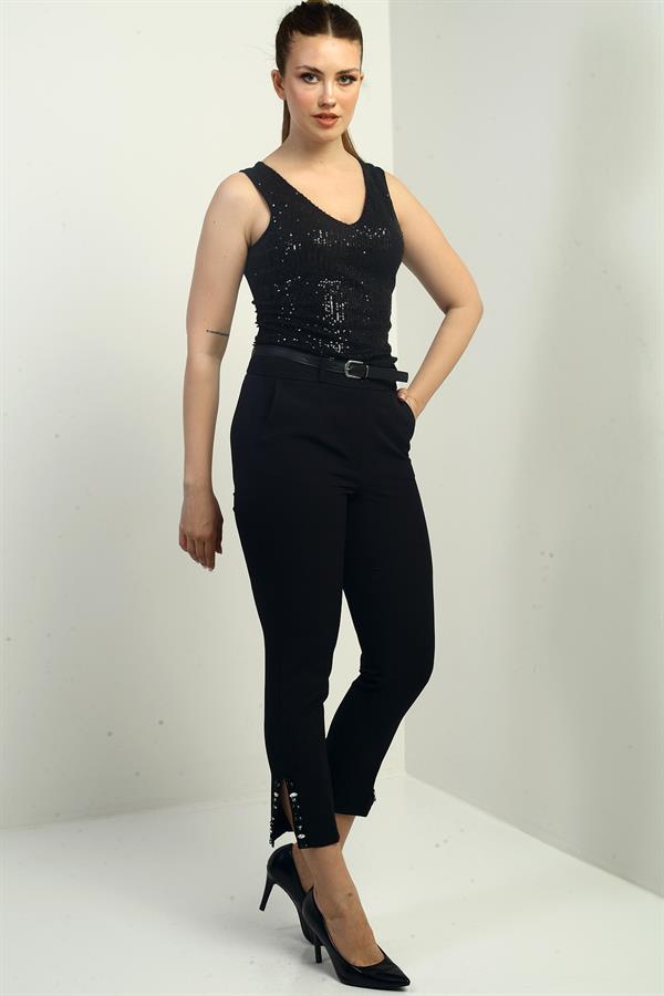 Kadın Beli Kemerli Yandan Cepli Paça Taş Detaylı Pantolon