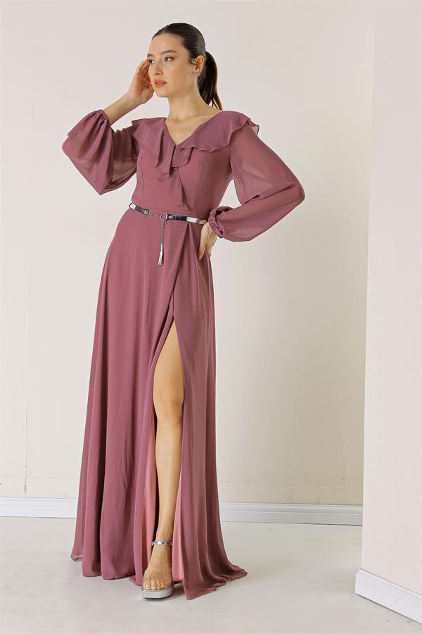 Long Chiffon Dress with Ruffled Front, Balloon Sleeves, and Belt