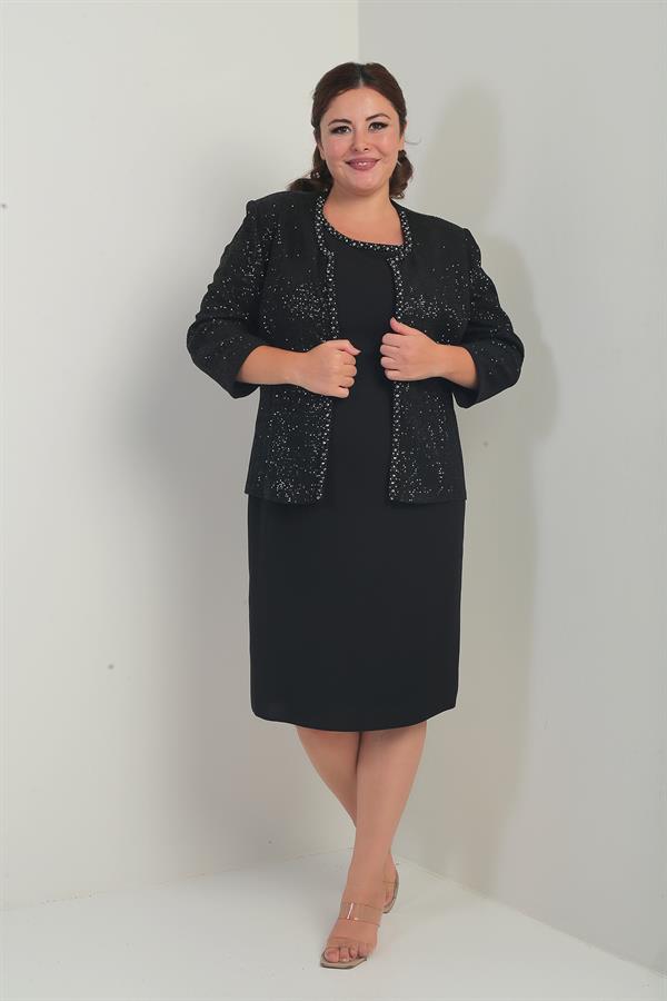 Women's Sleeveless Lined Dress with Sequin Embellished Jacket and Stone Detail, Plus Size Two-Piece Set