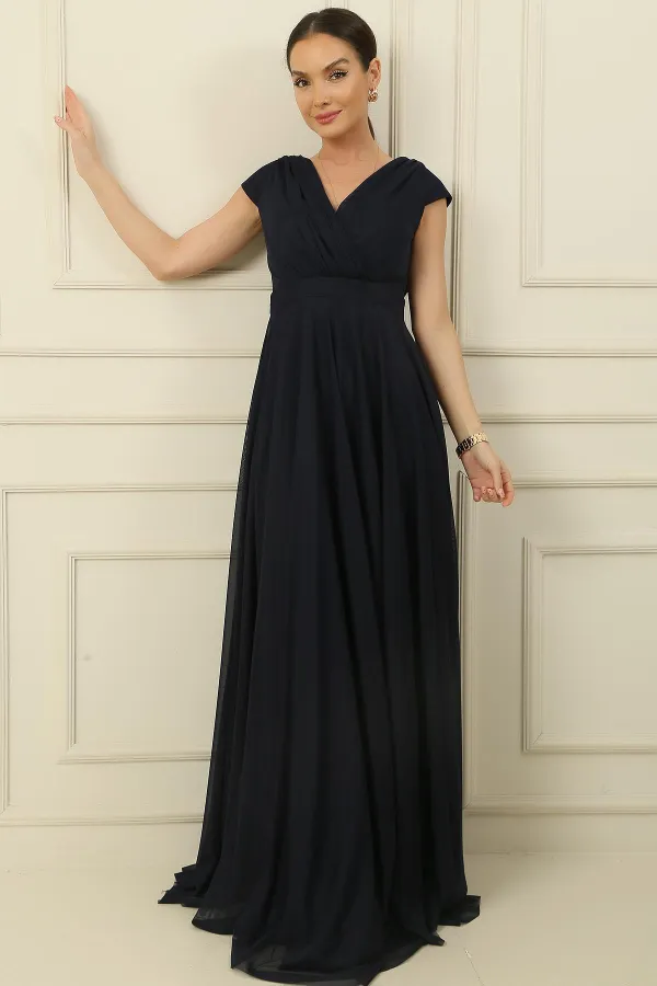 Robe longue en mousseline de soie doublée, col croisé, évasée et en tulle