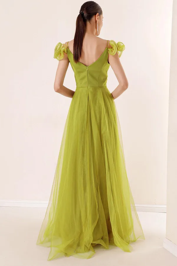 Front Back V Neck Rope Straps Low Sleeves Front Stone Detailed Lined Long Tulle Dress