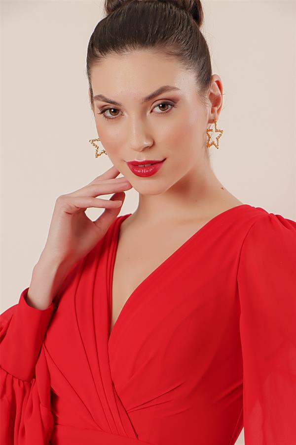 Kruvaze Yaka Önü Büzgülü Astarlı Uzun Şifon Elbise