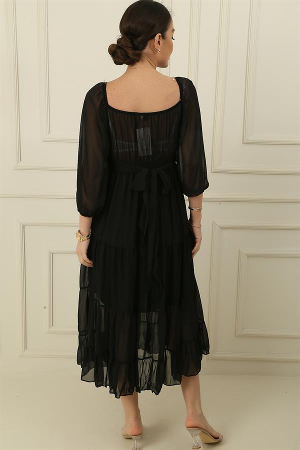 Robe en mousseline de soie doublée à encolure Madonna et bretelles croisées