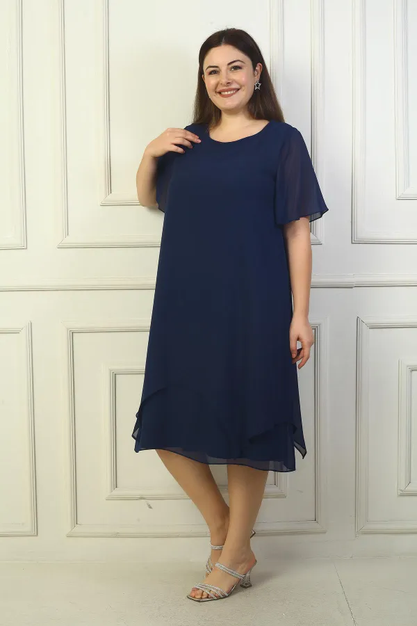 Kadın Yuvarlak Yaka Kısa Kol Astarlı Çift Kat Büyük Beden Şifon Elbise