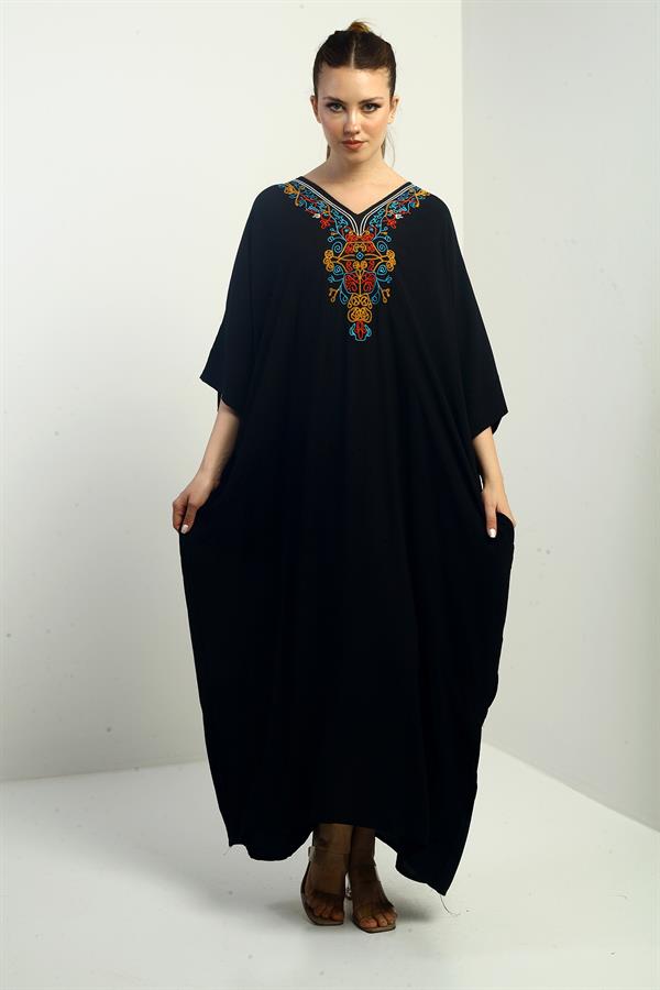 Robe longue oversize à col en V et poches brodées pour femme