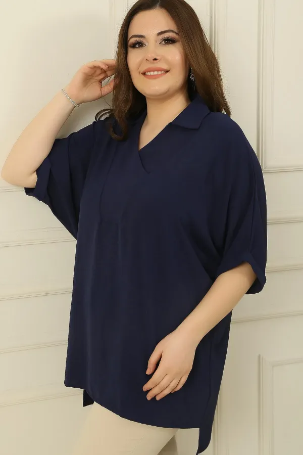 Double Breasted Polo Collar Short Sleeve Ayrobin Plus Size Blouse