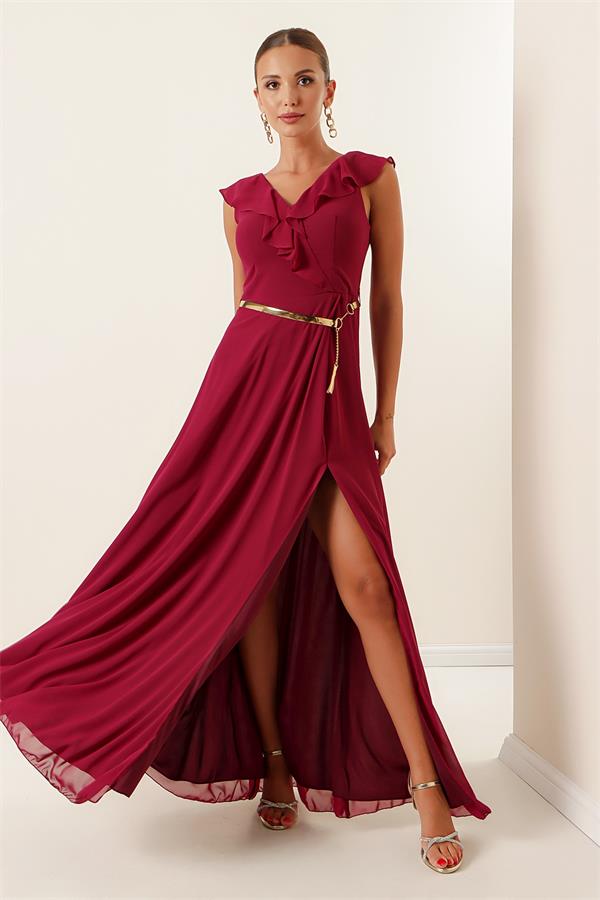 Long Chiffon Dress with Ruffled Neckline and Belt, and Slit
