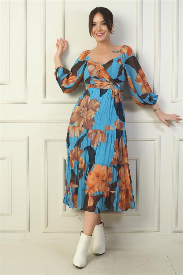 Madonna Neckline Lined Cross-Tie Floral Wrap Chiffon Dress