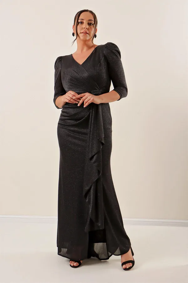 Truvakar Kol Önü Volanlı Astarlı Simli Büyük Beden Uzun Elbise