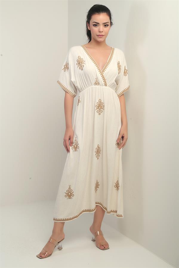 Women's Wrap Neckline Back Lace-Up Embroidered Long Dress