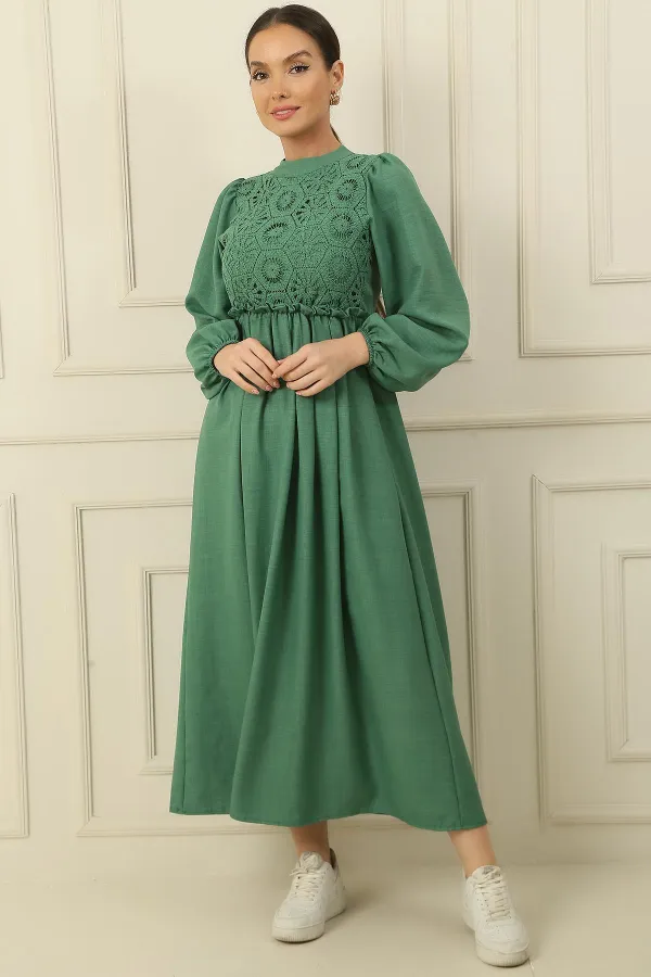 Laced Linen Effect Long Dress