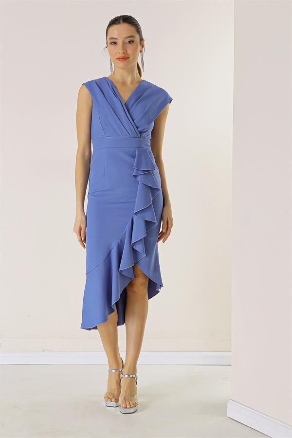 Kruvaze Yaka Önü Volanlı Astarlı Krep Elbise