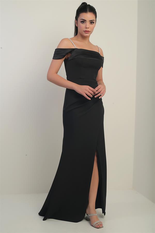 Women's Embellished Thin Strap, Dropped Sleeve Satin Madonna Neckline Lined Draped Double Fishtail Dress