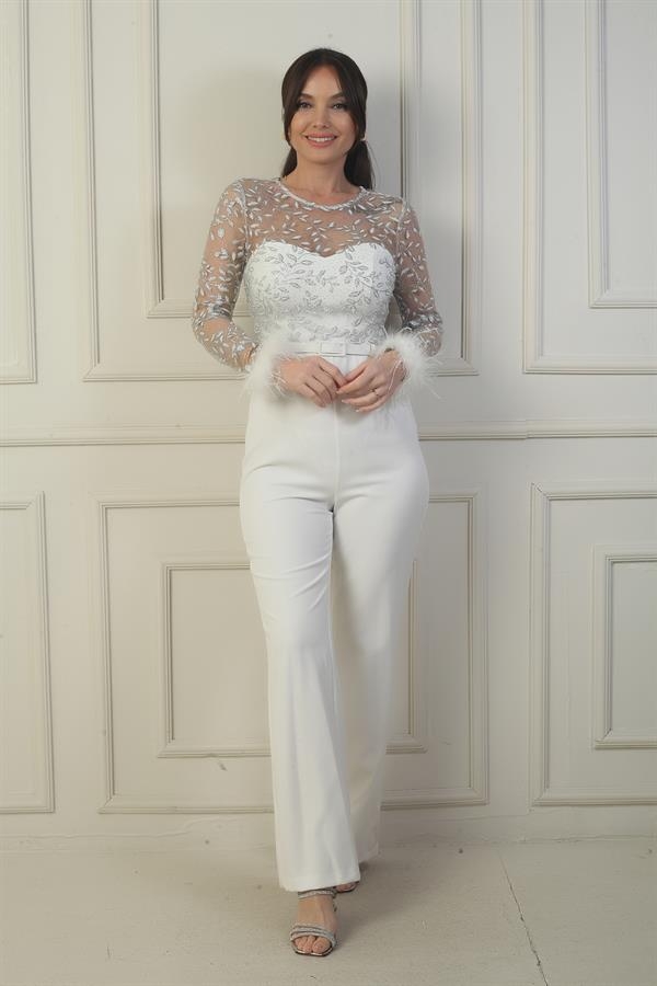 Women's Tulle Leaf Flock Printed Belted Crepe Jumpsuit with Feathered Sleeves