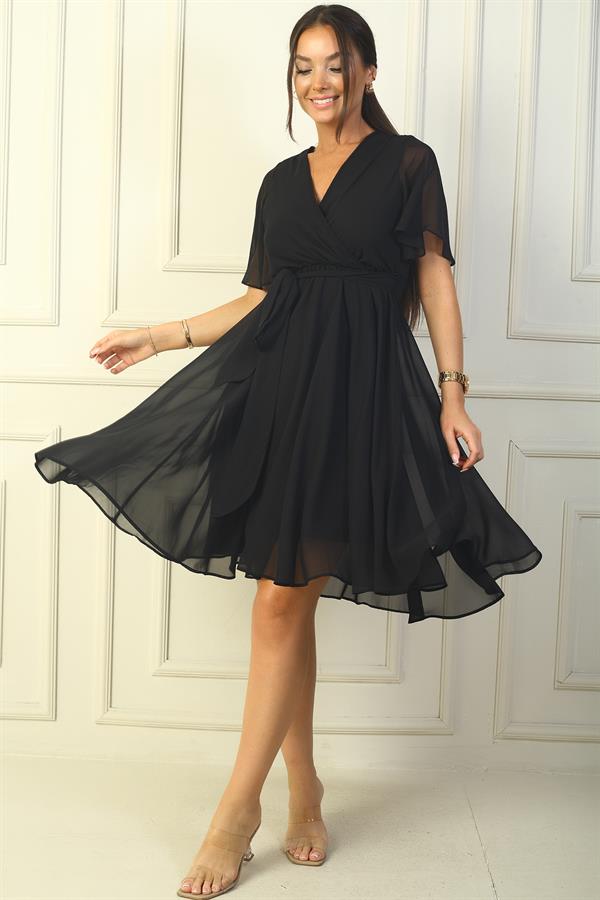 Women's Wrap Neckline Ruffled Sleeve Lined Chiffon Dress