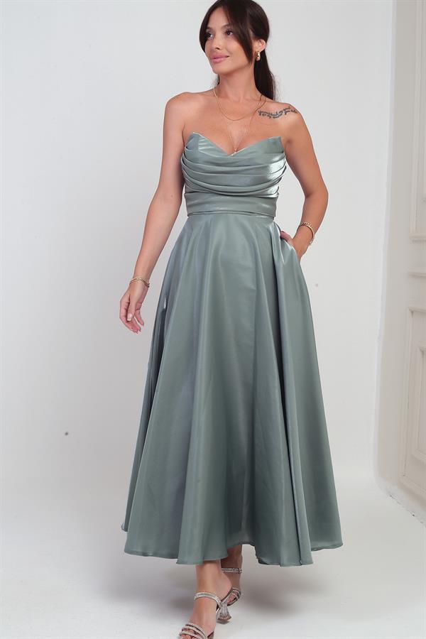 Women's V-Neck Strapless Lined Organza Satin Midi Dress