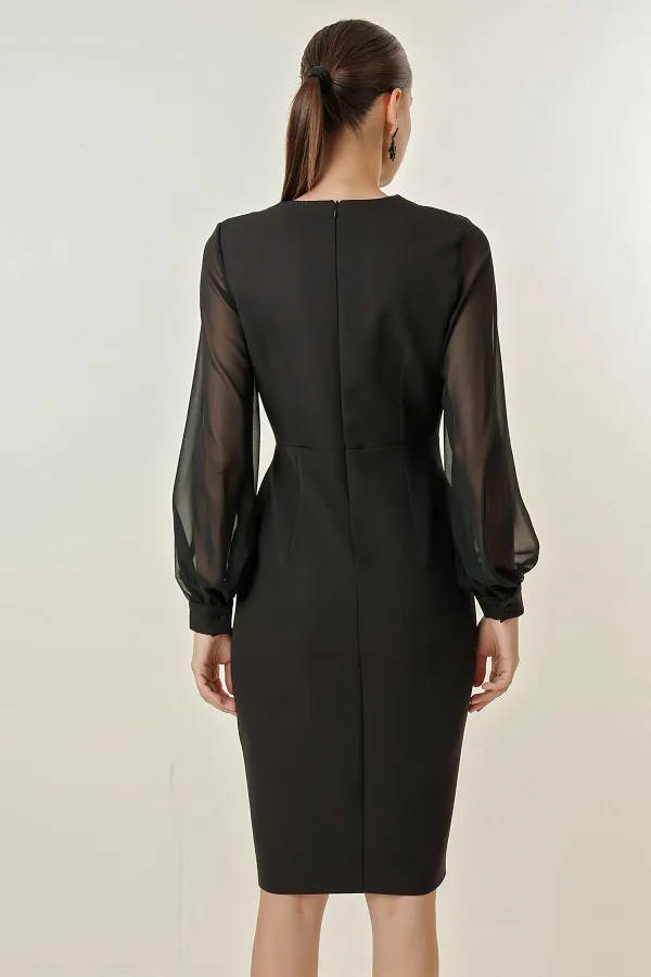 Double-Breasted Chiffon Sleeves Half-Lined Dress with Shiny Stone Detail on the Front