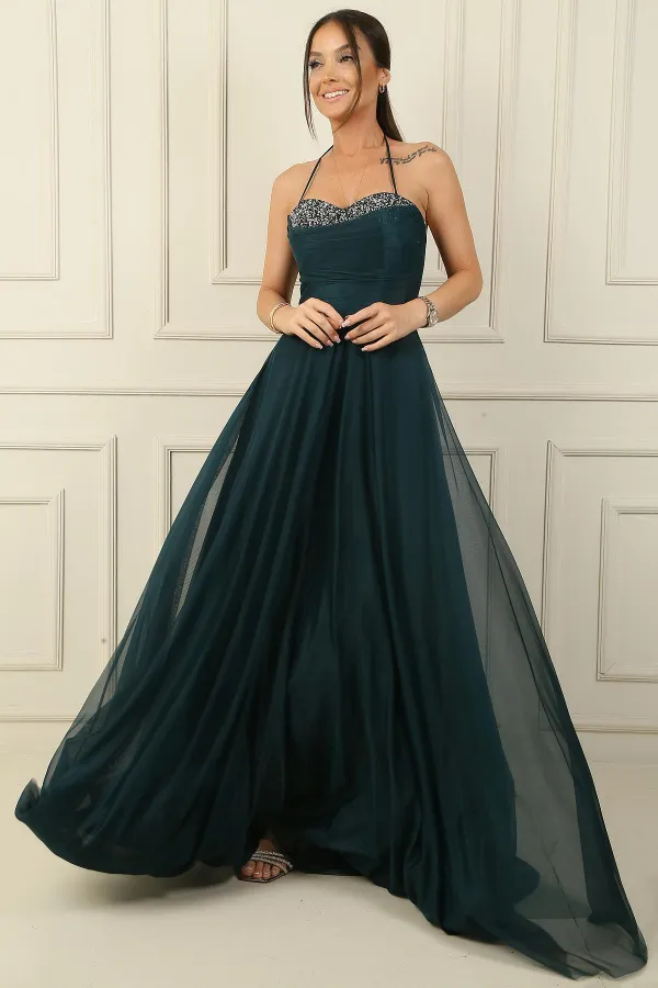 Önü Drapeli Taş Detaylı Astarlı Uzun Tül Abiye Elbise