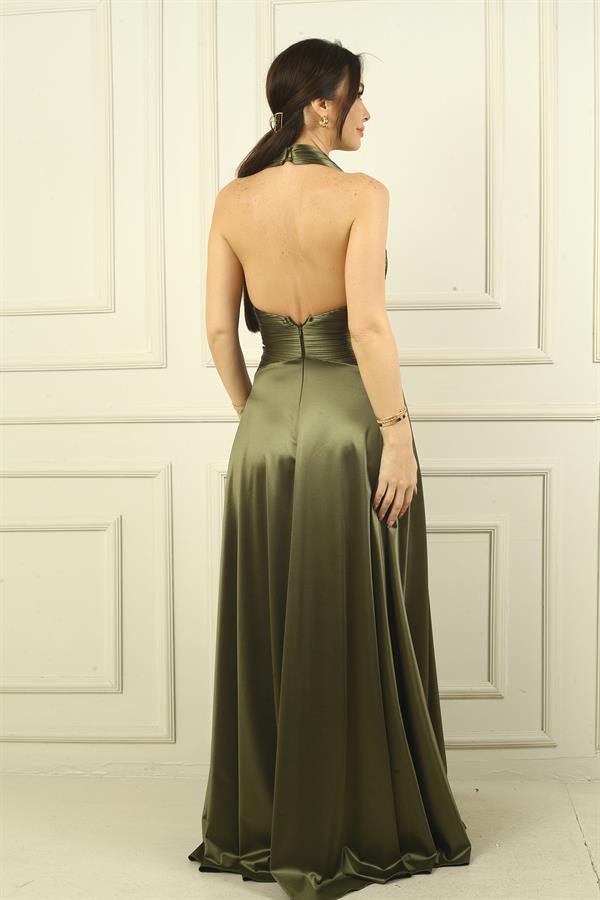 Kadın V Yaka Sırt Dekolteli Üstü Piliseli Örme Saten Uzun Elbise