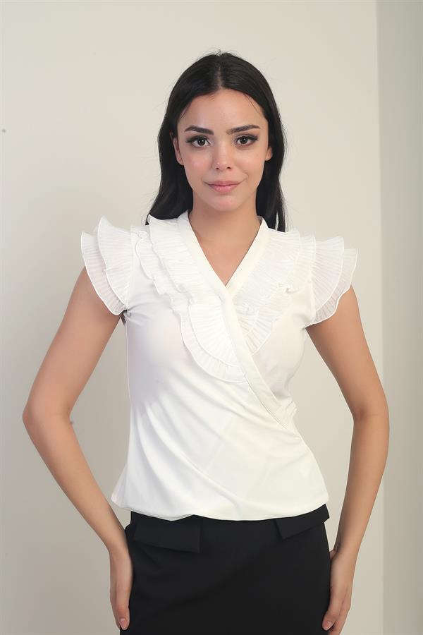 Women's V-Neck Ruffle Detail Lycra Blouse