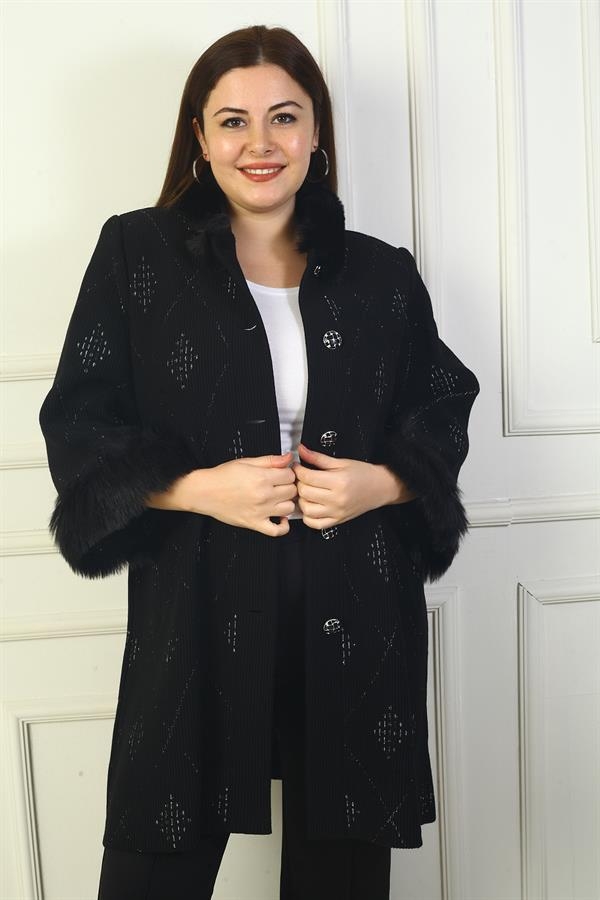 Cardigan grande taille pour femme avec col et manches en fourrure, boutonné sur le devant, poches et motif diamant pailleté