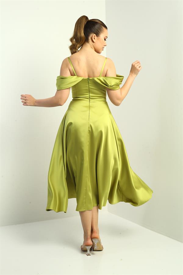 Kadın İp Askılı Düşük Kollu Astarlı Pileli Saten Kloş Uzun Elbise