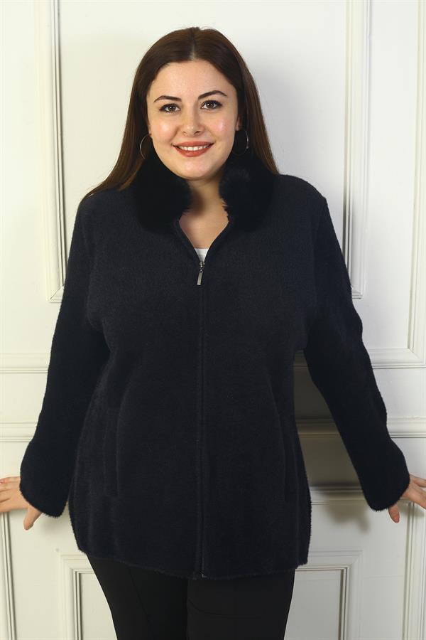 Kadın Seyyar Kürklü Yaka Önü Fermuarlı Yandan Cepli Büyük Beden Akrilik Ceket