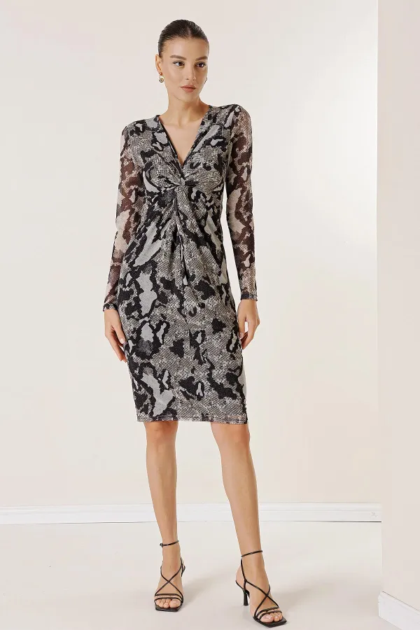 Lined Snakeskin Patterned Tulle Dress with Knot Detail on the Front