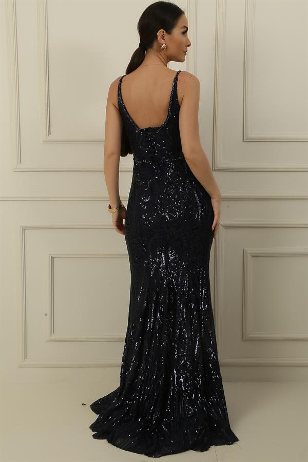 Kadın İp Askılı Boncuk Ve Pul Şal Desenli Astarlı Geniş Beden Aralıklı Uzun Balık Elbise