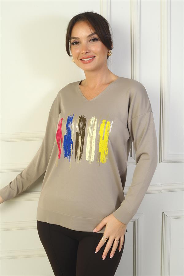 Kadın V Yaka Önü Baskılı Triko Kazak